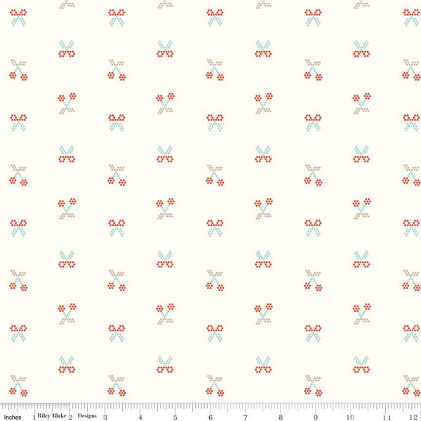 Image of the Sunsetridge Scissors Cream quilting cotton fabric by Minki Kim for Riley Blake Designs. Features pixels on a cream background. Cute Little Fabric Shop