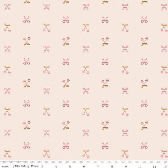 Image of the Sunsetridge Scissors Blush quilting cotton fabric by Minki Kim for Riley Blake Designs. Features pixels on a pink background. Cute Little Fabric Shop