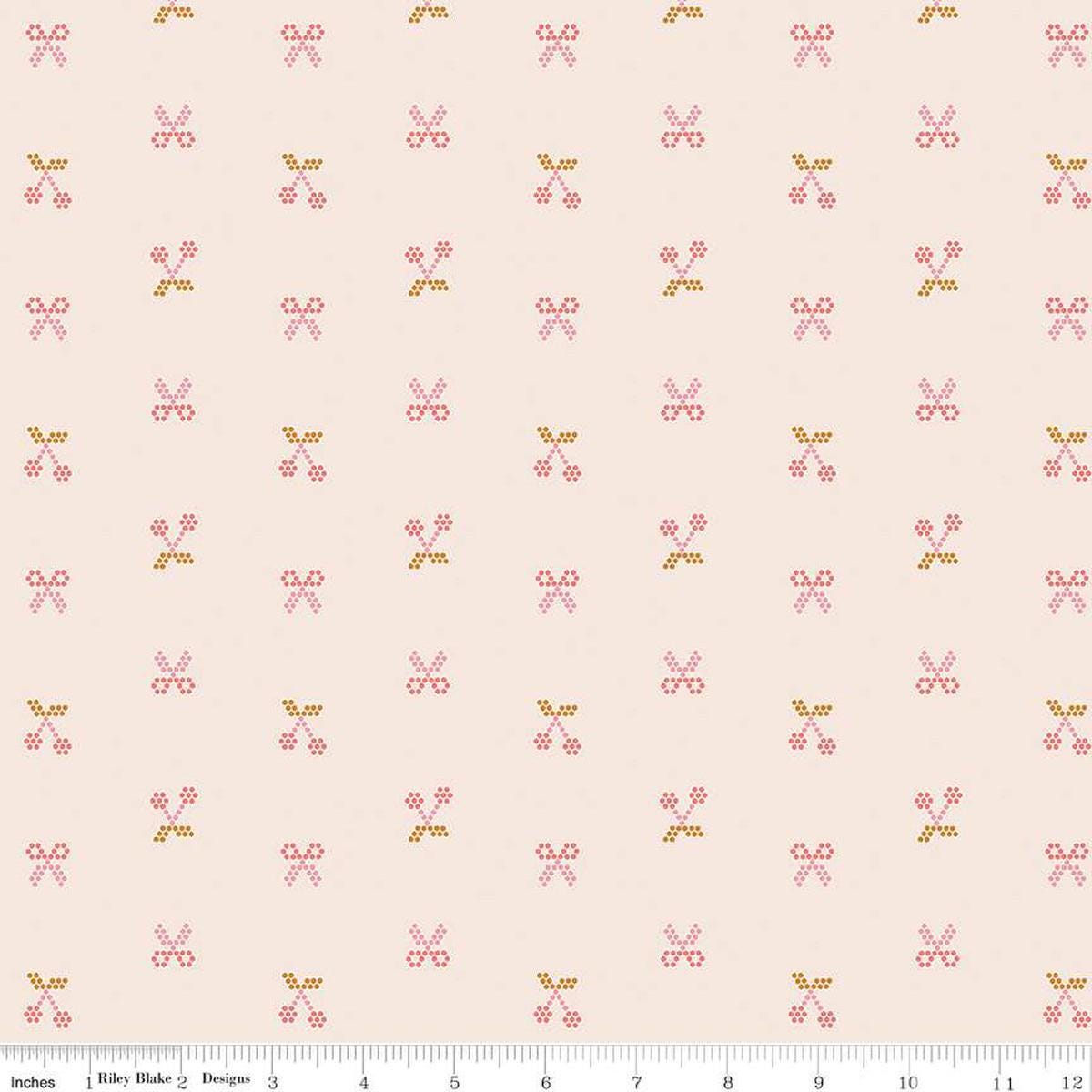 Image of the Sunsetridge Scissors Blush quilting cotton fabric by Minki Kim for Riley Blake Designs. Features pixels on a pink background. Cute Little Fabric Shop