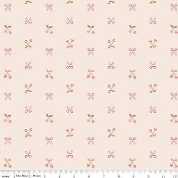 Image of the Sunsetridge Scissors Blush quilting cotton fabric by Minki Kim for Riley Blake Designs. Features pixels on a pink background. Cute Little Fabric Shop