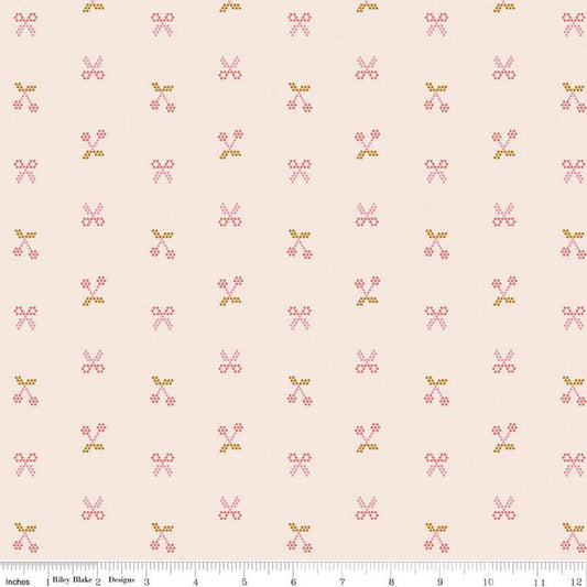 Image of the Sunsetridge Scissors Blush quilting cotton fabric by Minki Kim for Riley Blake Designs. Features pixels on a pink background. Cute Little Fabric Shop