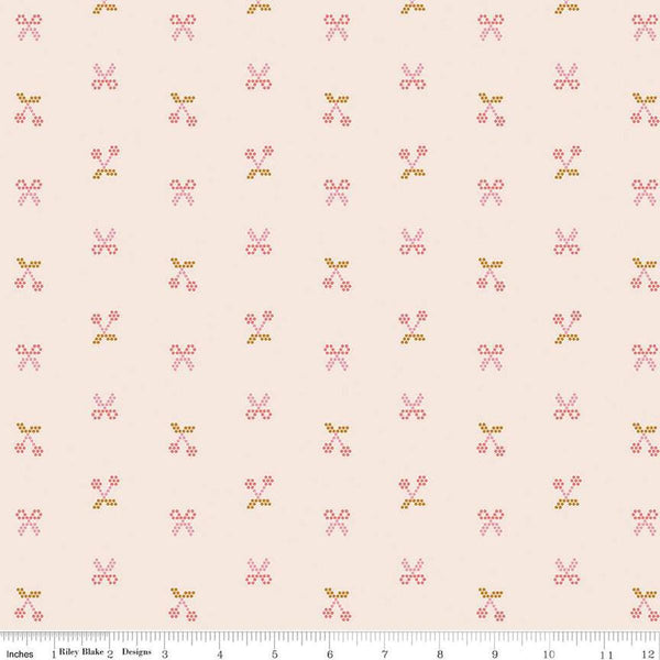 Image of the Sunsetridge Scissors Blush quilting cotton fabric by Minki Kim for Riley Blake Designs. Features pixels on a pink background. Cute Little Fabric Shop