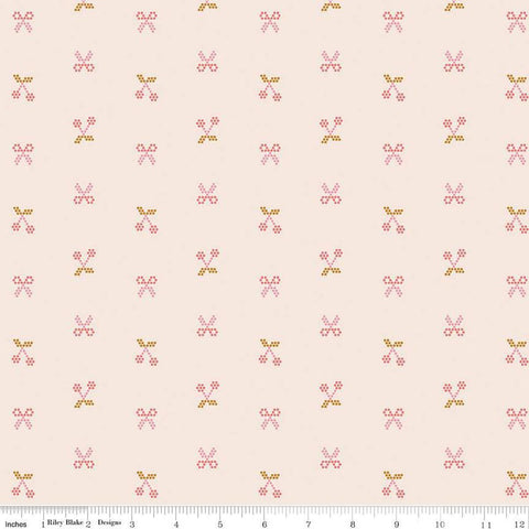 Image of the Sunsetridge Scissors Blush quilting cotton fabric by Minki Kim for Riley Blake Designs. Features pixels on a pink background. Cute Little Fabric Shop