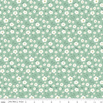 Image of the Sunsetridge Flowers Seafoam quilting cotton fabric by Minki Kim for Riley Blake Designs. Features flowers on a green background. Cute Little Fabric Shop