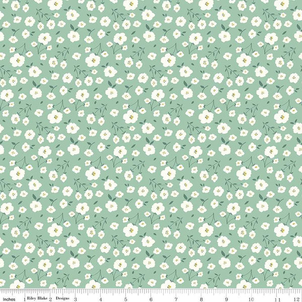 Image of the Sunsetridge Flowers Seafoam quilting cotton fabric by Minki Kim for Riley Blake Designs. Features flowers on a green background. Cute Little Fabric Shop