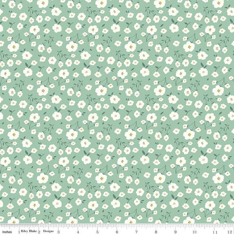 Image of the Sunsetridge Flowers Seafoam quilting cotton fabric by Minki Kim for Riley Blake Designs. Features flowers on a green background. Cute Little Fabric Shop
