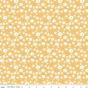 Image of the Sunsetridge Flowers Honey quilting cotton fabric by Minki Kim for Riley Blake Designs. Features flowers on a yellow background. Cute Little Fabric Shop
