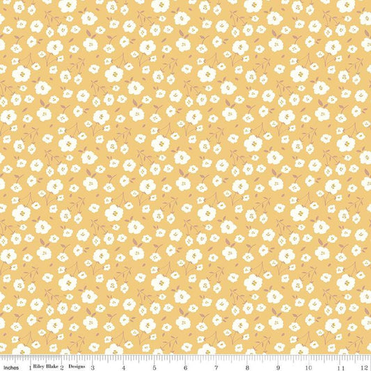 Image of the Sunsetridge Flowers Honey quilting cotton fabric by Minki Kim for Riley Blake Designs. Features flowers on a yellow background. Cute Little Fabric Shop