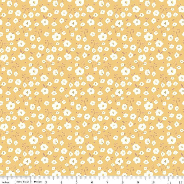 Image of the Sunsetridge Flowers Honey quilting cotton fabric by Minki Kim for Riley Blake Designs. Features flowers on a yellow background. Cute Little Fabric Shop