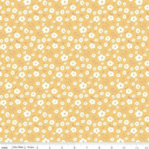Image of the Sunsetridge Flowers Honey quilting cotton fabric by Minki Kim for Riley Blake Designs. Features flowers on a yellow background. Cute Little Fabric Shop