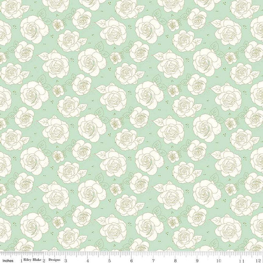 Image of the Sunsetridge Roses Mint quilting cotton fabric by Minki Kim for Riley Blake Designs. Features flowers on a green background. Cute Little Fabric Shop