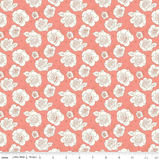 Image of the Sunsetridge Roses Salmon quilting cotton fabric by Minki Kim for Riley Blake Designs. Features flowers on a pink background. Cute Little Fabric Shop