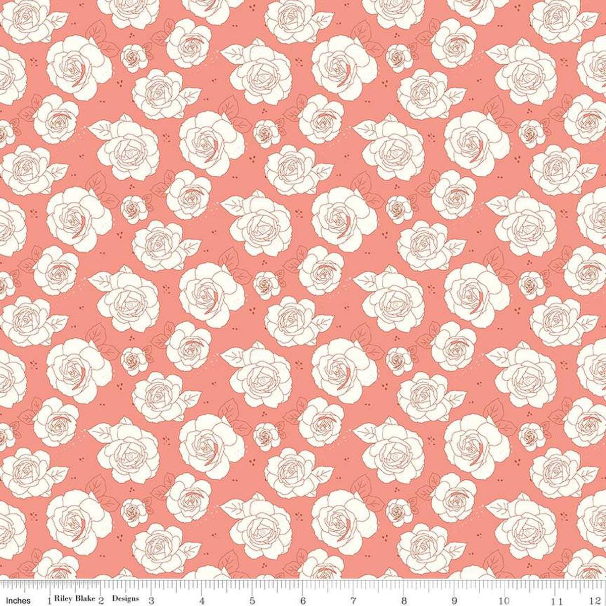 Image of the Sunsetridge Roses Salmon quilting cotton fabric by Minki Kim for Riley Blake Designs. Features flowers on a pink background. Cute Little Fabric Shop