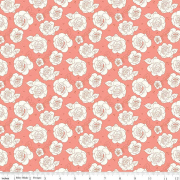 Image of the Sunsetridge Roses Salmon quilting cotton fabric by Minki Kim for Riley Blake Designs. Features flowers on a pink background. Cute Little Fabric Shop