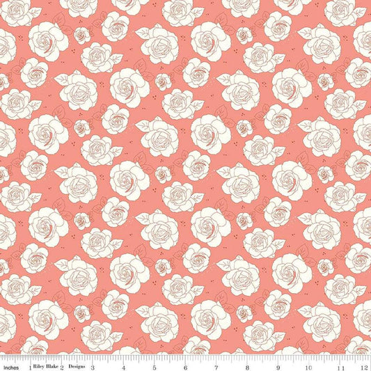 Image of the Sunsetridge Roses Salmon quilting cotton fabric by Minki Kim for Riley Blake Designs. Features flowers on a pink background. Cute Little Fabric Shop