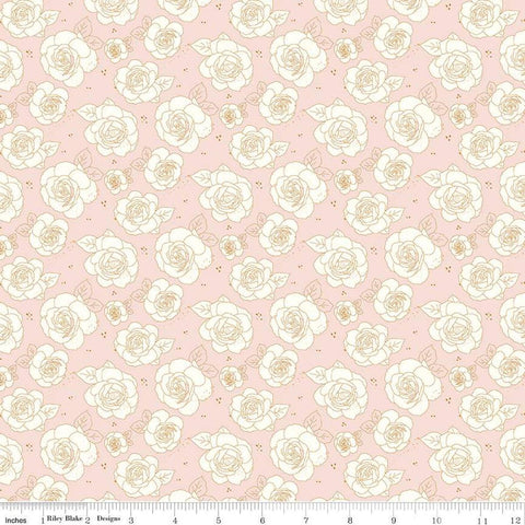 Image of the Sunsetridge Roses Ballerina quilting cotton fabric by Minki Kim for Riley Blake Designs. Features flowers on a pink background. Cute Little Fabric Shop