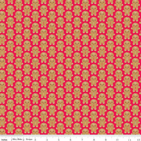 Image of the Gingerbread Kisses Gingerbread Men Red quilting cotton fabric. Features gingerbread men on a red background. Cute Little Fabric Shop