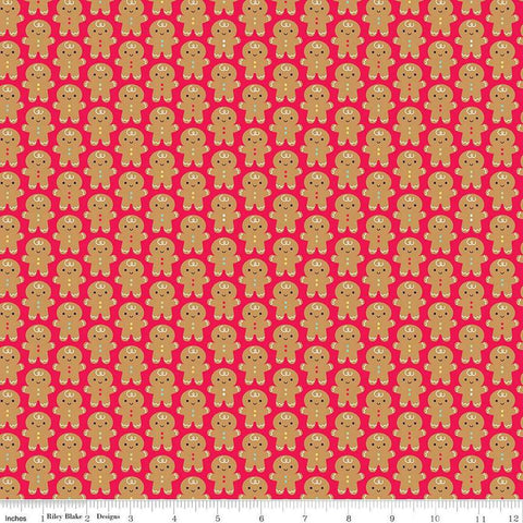 Image of the Gingerbread Kisses Gingerbread Men Red quilting cotton fabric. Features gingerbread men on a red background. Cute Little Fabric Shop