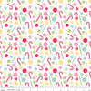 Image of the Gingerbread Kisses Sweets White quilting cotton fabric. Features candy on a white background. Cute Little Fabric Shop