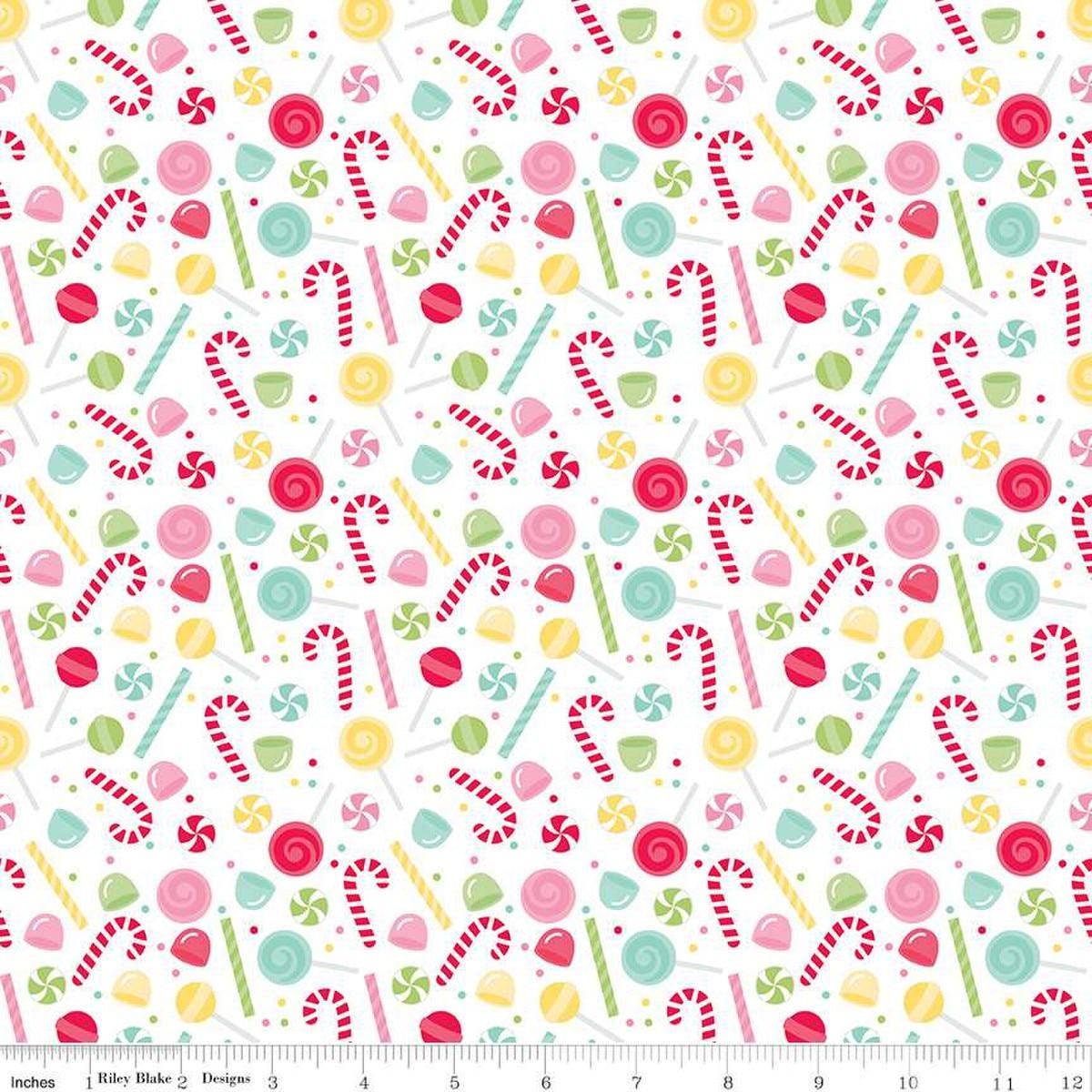 Image of the Gingerbread Kisses Sweets White quilting cotton fabric. Features candy on a white background. Cute Little Fabric Shop
