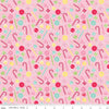 Image of the Gingerbread Kisses Sweets Pink quilting cotton fabric. Features candy on a pink background. Cute Little Fabric Shop