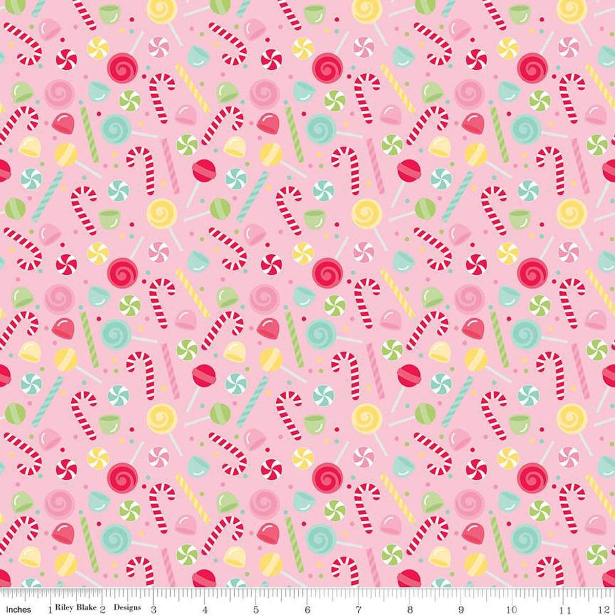 Image of the Gingerbread Kisses Sweets Pink quilting cotton fabric. Features candy on a pink background. Cute Little Fabric Shop