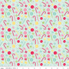 Image of the Gingerbread Kisses Sweets Blue quilting cotton fabric. Features candy on a blue background. Cute Little Fabric Shop