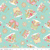 Image of the Gingerbread Kisses Main Blue quilting cotton fabric. Features icons on a blue background. Cute Little Fabric Shop