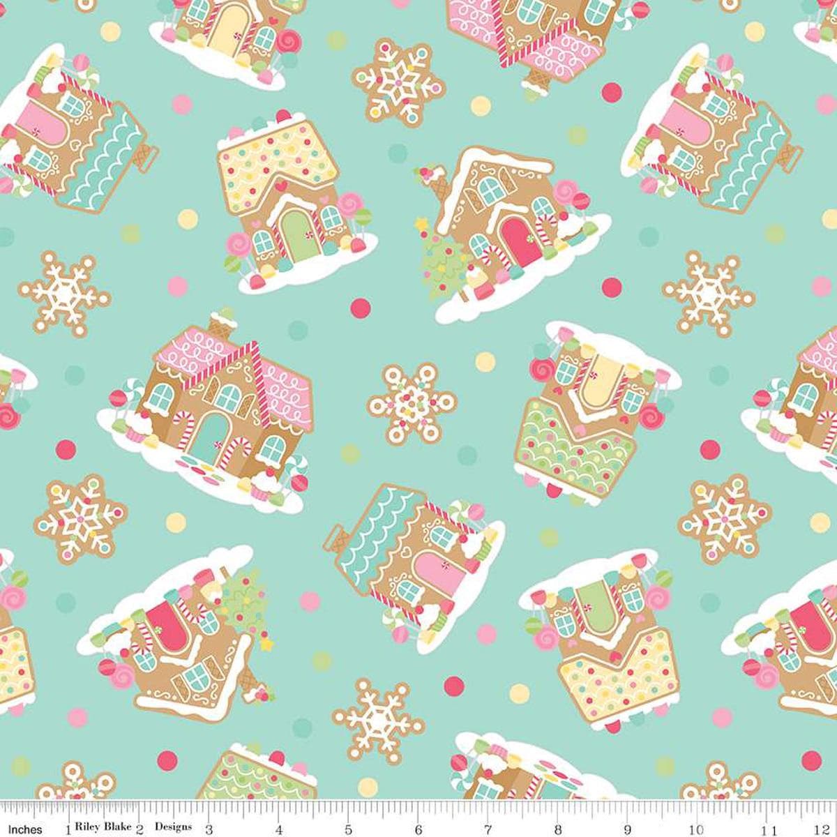 Image of the Gingerbread Kisses Main Blue quilting cotton fabric. Features icons on a blue background. Cute Little Fabric Shop