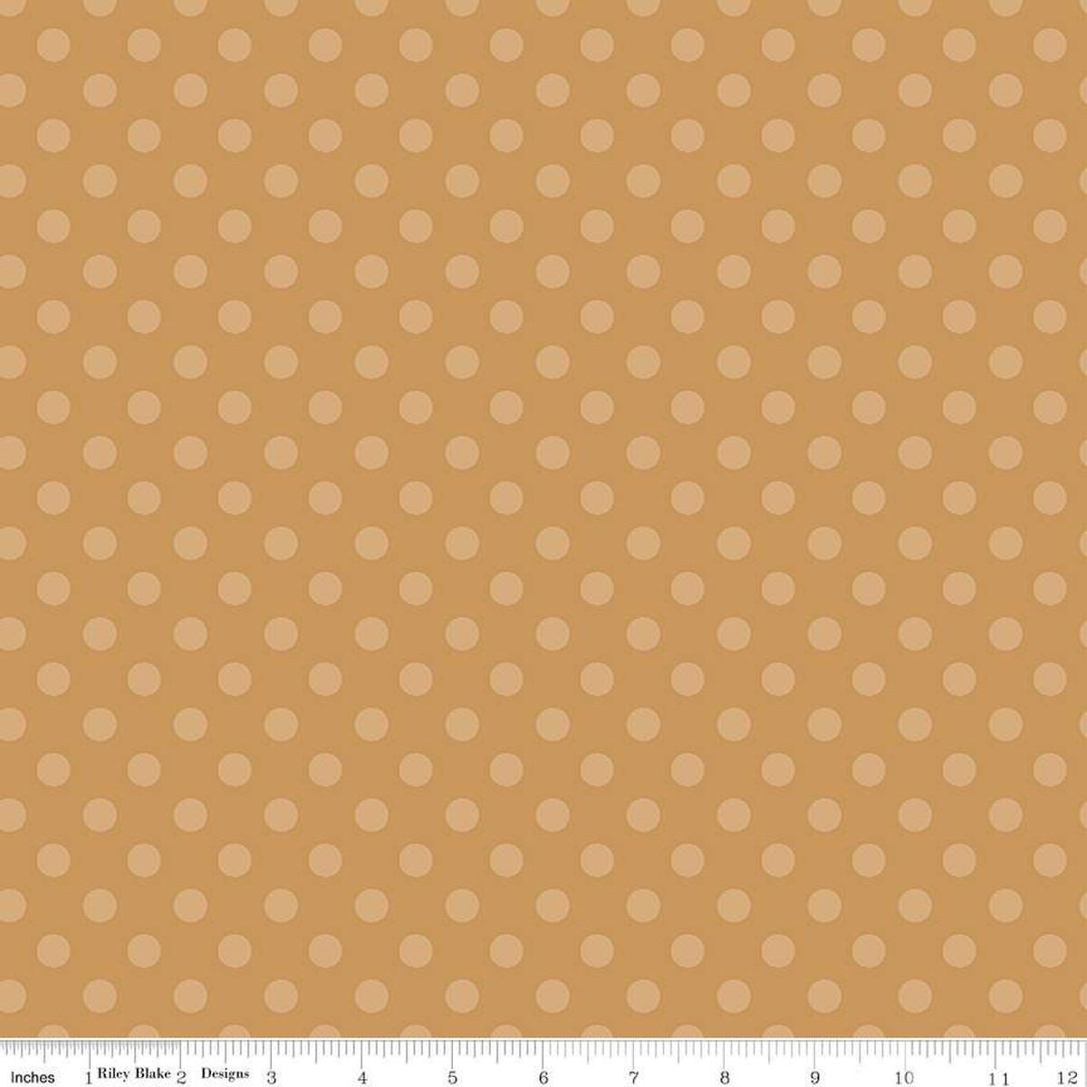 Image of the Gingerbread Kisses Polka Dots Brown quilting cotton fabric. Features dots on a brown background. Cute Little Fabric Shop