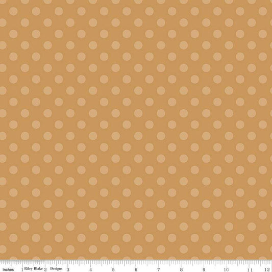 Image of the Gingerbread Kisses Polka Dots Brown quilting cotton fabric. Features dots on a brown background. Cute Little Fabric Shop