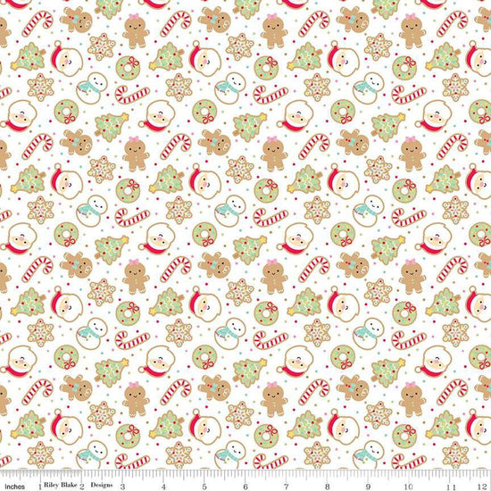 Image of the Gingerbread Kisses Sugar Cookies White quilting cotton fabric. Features cookies on a white background. Cute Little Fabric Shop