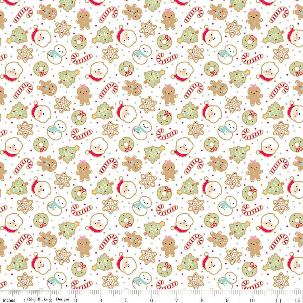 Image of the Gingerbread Kisses Sugar Cookies White quilting cotton fabric. Features cookies on a white background. Cute Little Fabric Shop