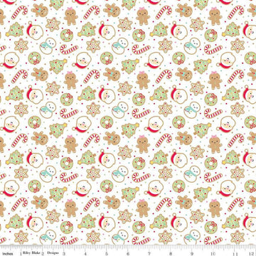 Image of the Gingerbread Kisses Sugar Cookies White quilting cotton fabric. Features cookies on a white background. Cute Little Fabric Shop