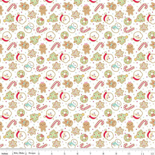 Image of the Gingerbread Kisses Sugar Cookies White quilting cotton fabric. Features cookies on a white background. Cute Little Fabric Shop