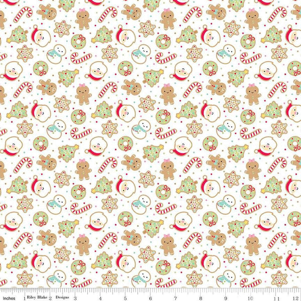 Image of the Gingerbread Kisses Sugar Cookies White quilting cotton fabric. Features cookies on a white background. Cute Little Fabric Shop