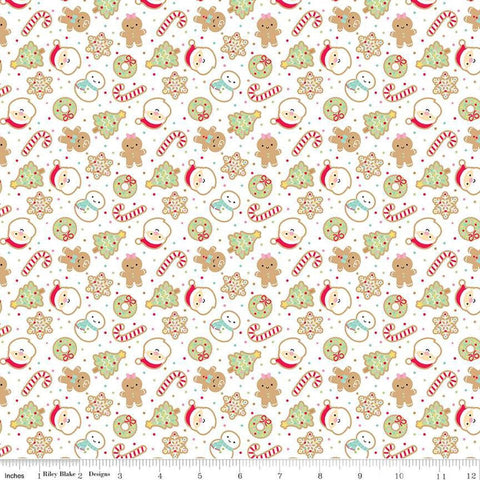 Image of the Gingerbread Kisses Sugar Cookies White quilting cotton fabric. Features cookies on a white background. Cute Little Fabric Shop
