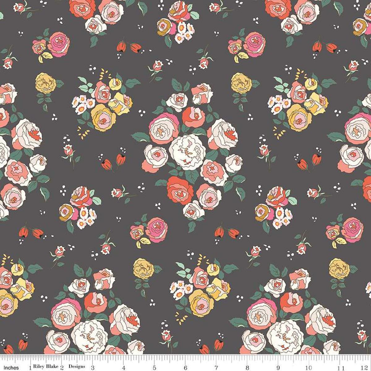 Image of the Sunsetridge Main Granite quilting cotton fabric by Minki Kim for Riley Blake Designs. Features flowers on a brown background. Cute Little Fabric Shop