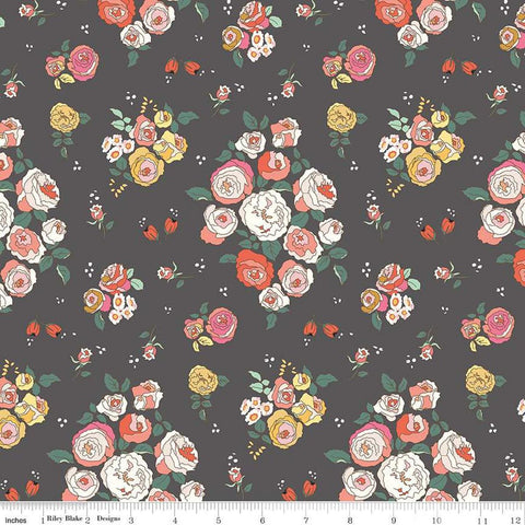 Image of the Sunsetridge Main Granite quilting cotton fabric by Minki Kim for Riley Blake Designs. Features flowers on a brown background. Cute Little Fabric Shop