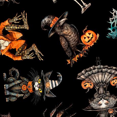 Image of the Jeepers Creepers Halloween Character Toss Black quilting cotton fabric. Features halloween icons on a black background. Cute Little Fabric Shop