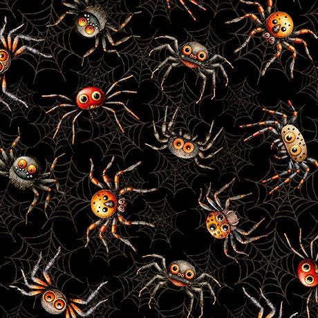 Image of the Jeepers Creepers Spiders Black quilting cotton fabric. Features halloween icons on a back background. Cute Little Fabric Shop
