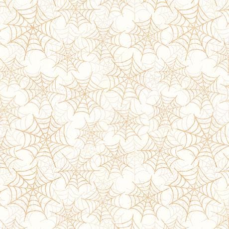 Image of the Jeepers Creepers Spiderwebs Cream quilting cotton fabric. Features halloween icons on a cream background. Cute Little Fabric Shop
