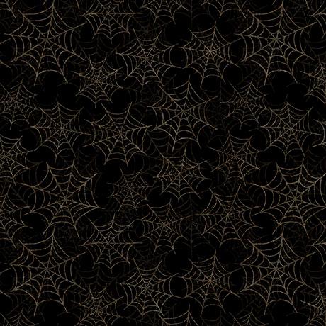 Image of the Jeepers Creepers Spiderwebs Black quilting cotton fabric. Features halloween icons on a black background. Cute Little Fabric Shop