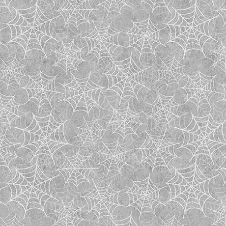 Image of the Jeepers Creepers Spiderwebs Gray quilting cotton fabric. Features halloween icons on a gray background. Cute Little Fabric Shop
