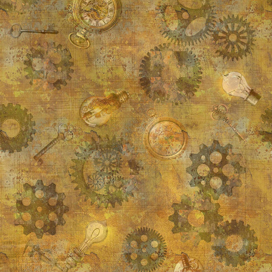 Image of the Steampunk Halloween 3 Gears Copper quilting cotton fabric. Features halloween gears on a gold background. Cute Little Fabric Shop