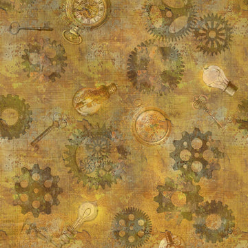 Image of the Steampunk Halloween 3 Gears Copper quilting cotton fabric. Features halloween gears on a gold background. Cute Little Fabric Shop