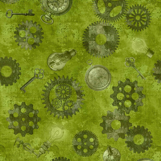 Image of the Steampunk Halloween 3 Gears Yellow quilting cotton fabric. Features halloween gears on a green background. Cute Little Fabric Shop