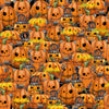 Image of the Steampunk Halloween 3 Pumpkins Orange quilting cotton fabric. Features halloween pumpkins on an orange background. Cute Little Fabric Shop