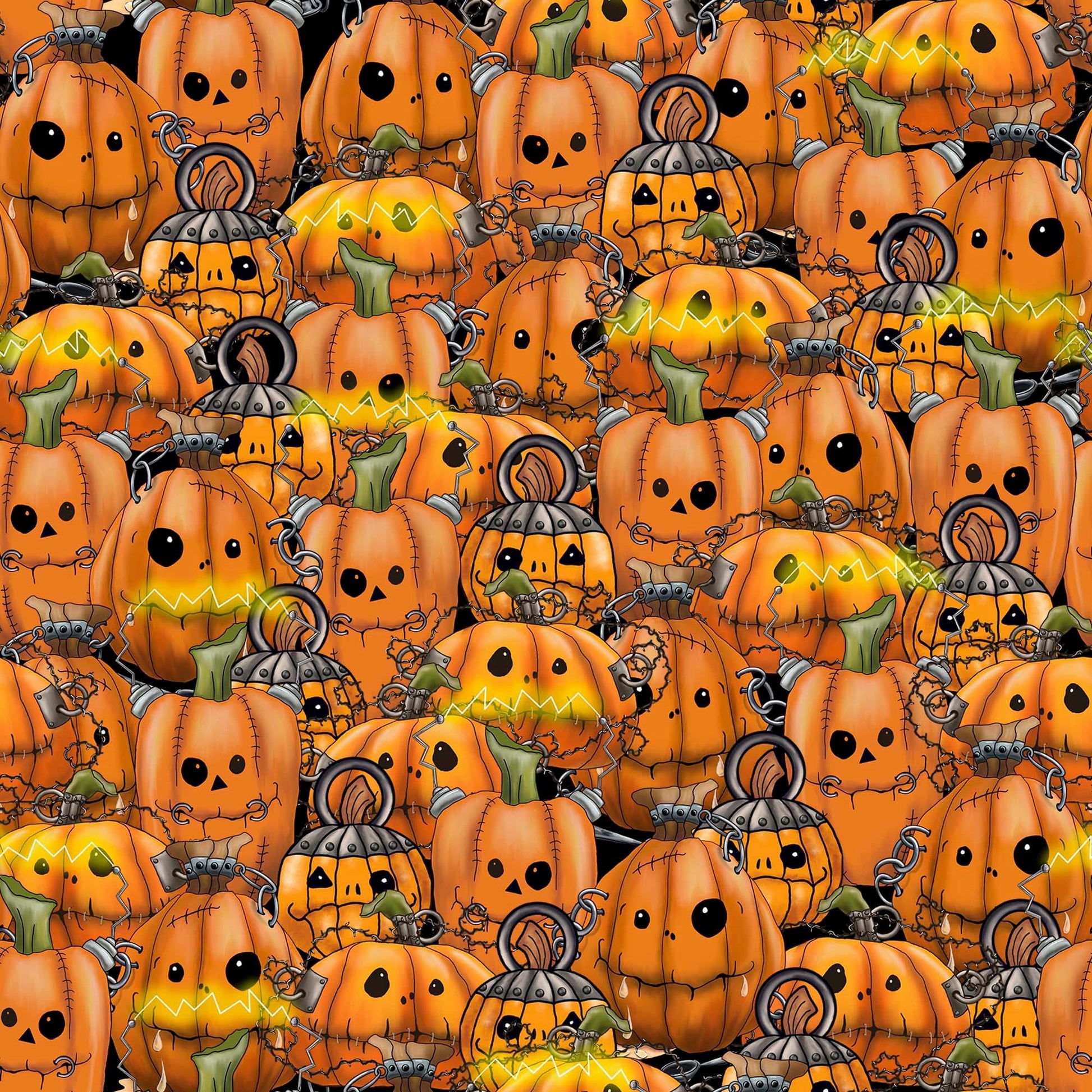 Image of the Steampunk Halloween 3 Pumpkins Orange quilting cotton fabric. Features halloween pumpkins on an orange background. Cute Little Fabric Shop