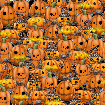 Image of the Steampunk Halloween 3 Pumpkins Orange quilting cotton fabric. Features halloween pumpkins on an orange background. Cute Little Fabric Shop